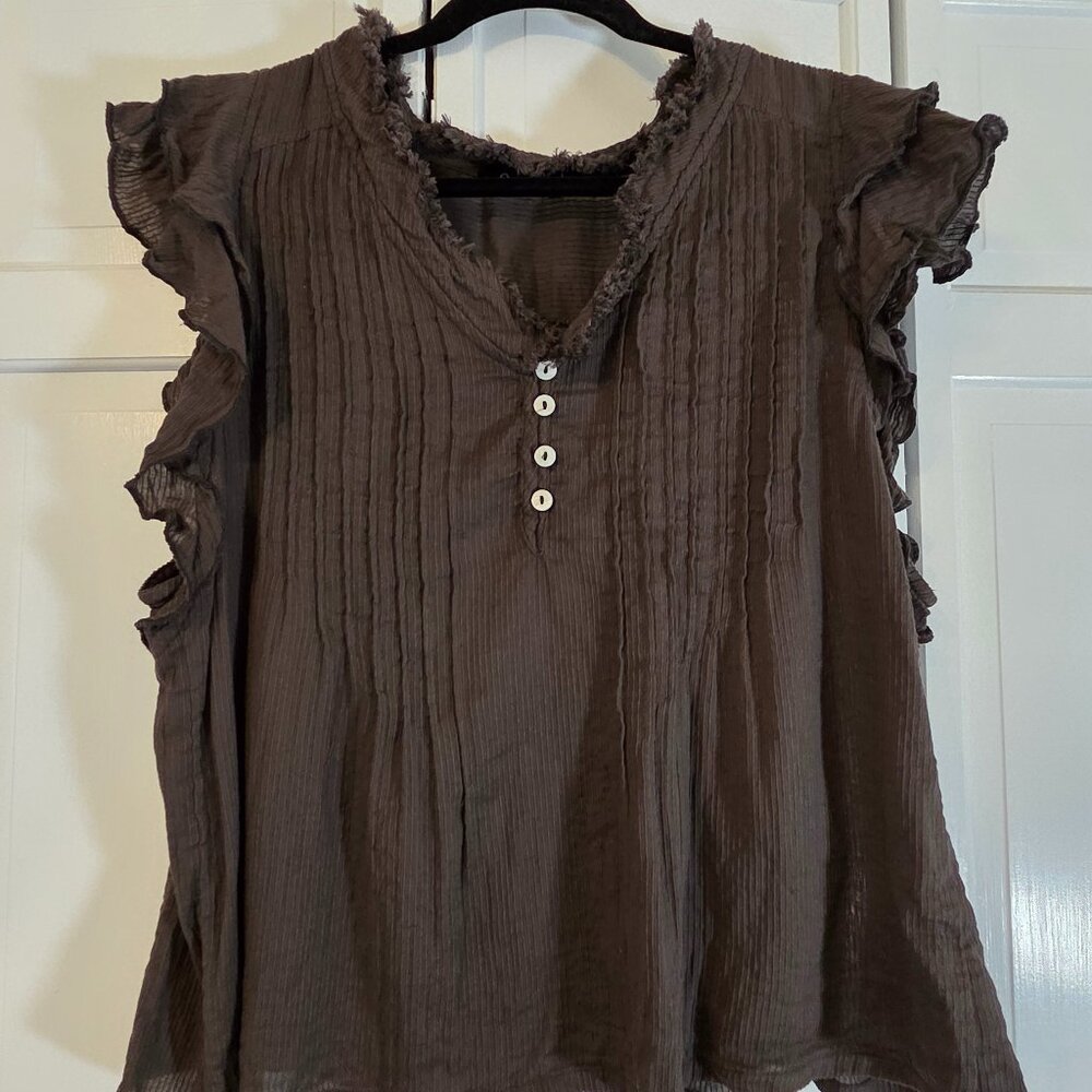Quince Women's Organic Textured Cotton Ruffle Sleeveless Blouse Gray XL